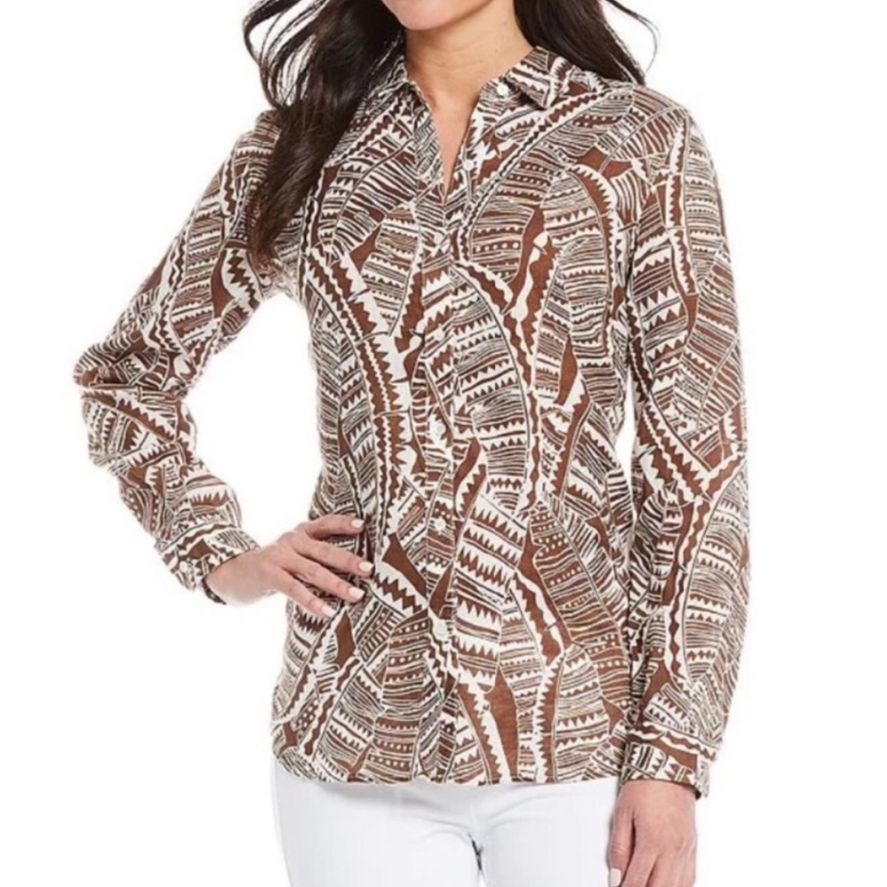J.‎ McLaughlin Britt Linen Brown White Leaf Print Button-down Shirt